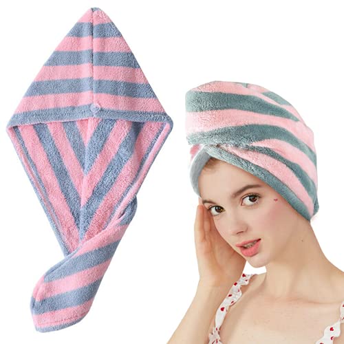 Fast Dry Microfibre Hair Towel, MH MOIHSING Hair Towel Wrap for Women Microfiber Absorbent Towel, Quick Drying Lady Towel with Button Soft Hair Turban Bath Head Wrap Hat Spa Cap, 1 Pack