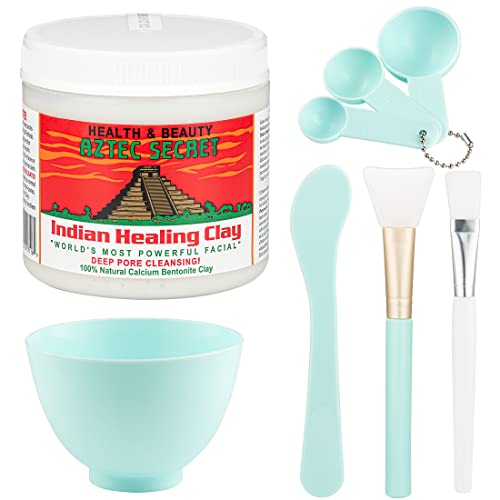 Aztec Secret Bentonite Clay Face Mask Set, 1lb, Original Indian Healing Clay with a Face Mask Mixing Bowl Set, Includes Bentonite Clay Powder, Bowl, Spatula, Brush, Measuring Spoons, and More