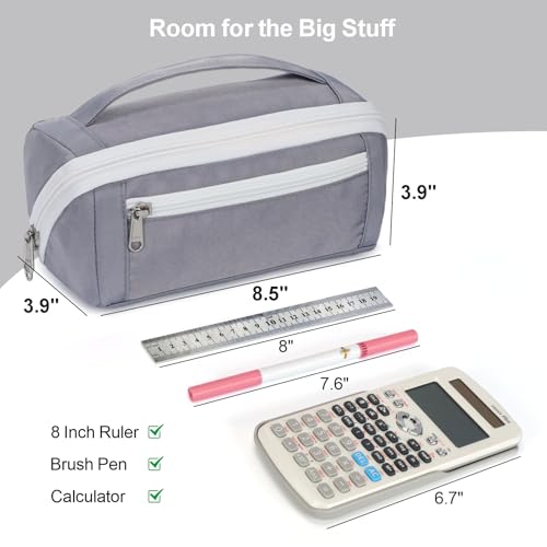 Image of Large Pencil Pouch - 8 Compartments, Wide Handle Organizer Bag | Wide Open Pen Bag, Flexible Dividers & Side Pockets, Handle, 900D Fabric, College Supplies for Teens, Black & Grey