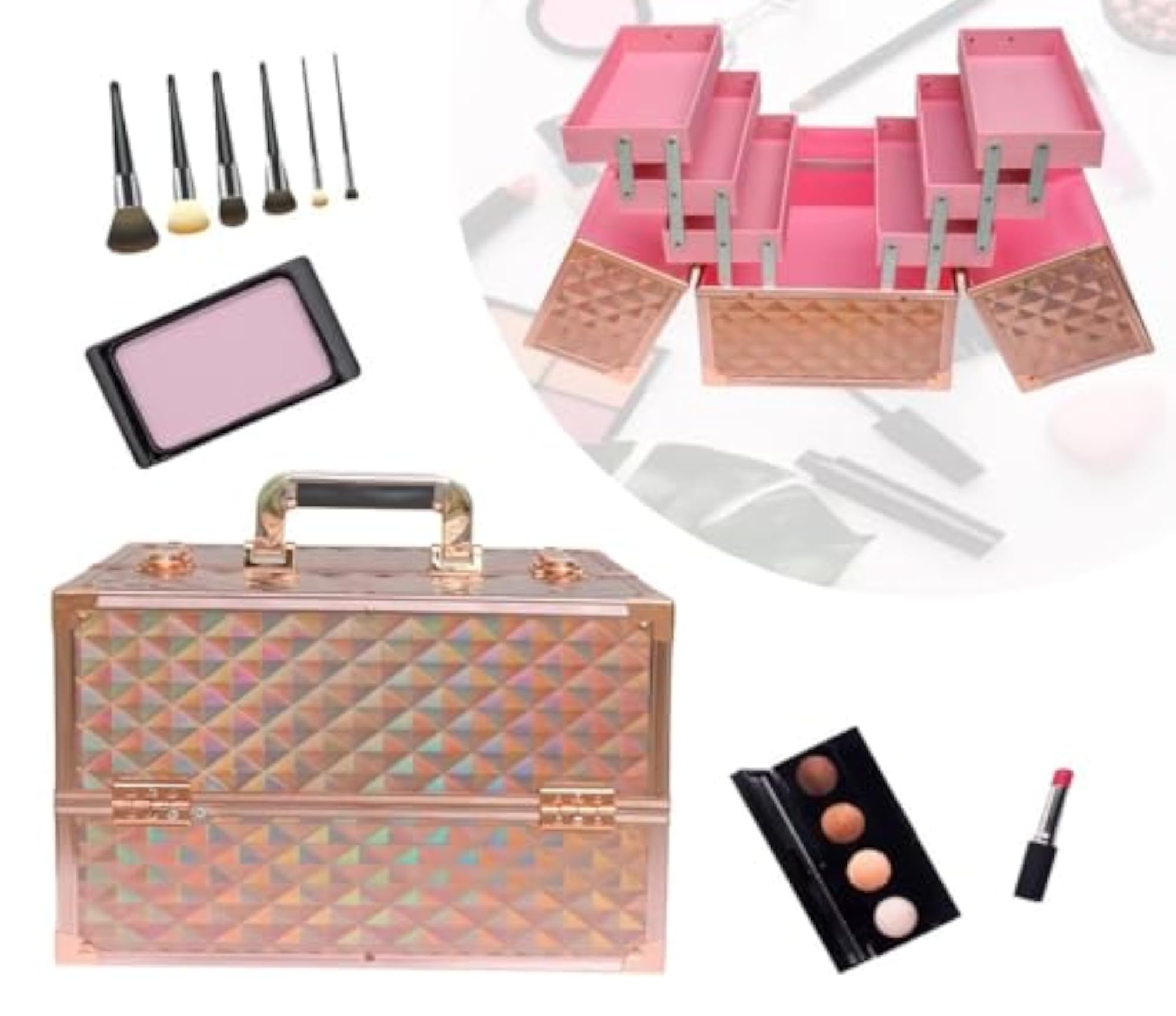Professional 6-Tiers Accordion Makeup Train Case, Rose Gold