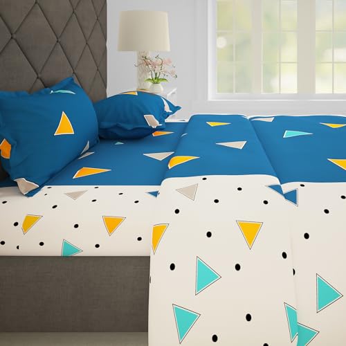 Image of Story@Home Bedsheets For Double Bed With 2 Pillow Covers Geometric,152TC,100% Cotton Double Bedsheet With Pillow Cover,225x250Cm,Blue & White,Triangles Pattern,Home Decor,Ideal For Festive Gifting