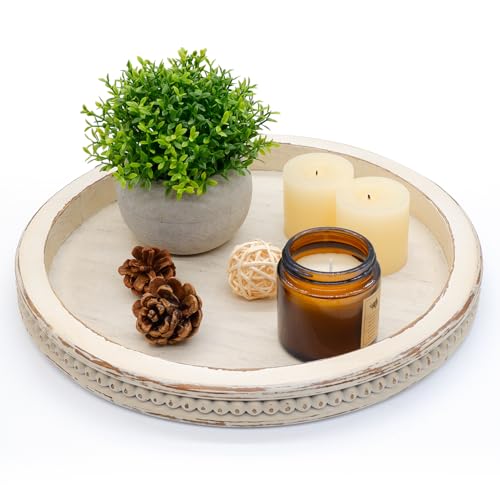 12.2'' Round Wood Decorative Tray, TOOLTENG White Beaded Tray, Wooden Serving Tray, Farmhouse Wooden Decorative Tray for Coffee Table, Living Room, Kitchen Counter, Home Decor