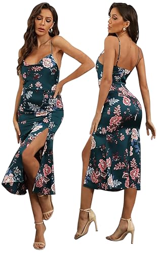 Image of Tsher Women's Sleeveless Spaghetti Strap Satin Wedding Guest Party Dress Cowl Neck Backless Midi Formal Dresses