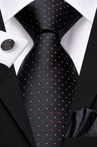 Image of Dubulle Mens Black Red Tie and Lapel Pin Woven Silk Red Dots Casual Necktie for Men Pocket Square Cufflinks Wedding Party