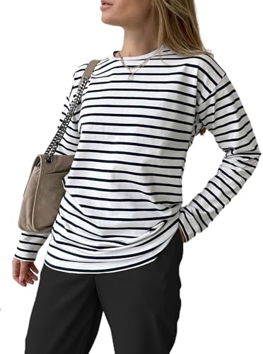 LilyCoco Women's Casual Striped Long Sleeve Shirts Crewneck Basic Loose Fit T Shirt