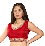 Pujia Mills Chemisier sari sans manches brodé à paillettes avec col en V et motif ethnique indien cousu prêt à l'emploi pour femme, Rouge, 36