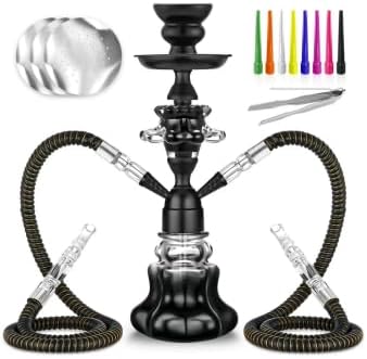 Hookah Set With Everything 14'' Shisha Hookah Complete Set - Glass Flower Vase, Ledther Hose, Foils, HookahTips, Ceramic Bowl, Coal Tong (Black)