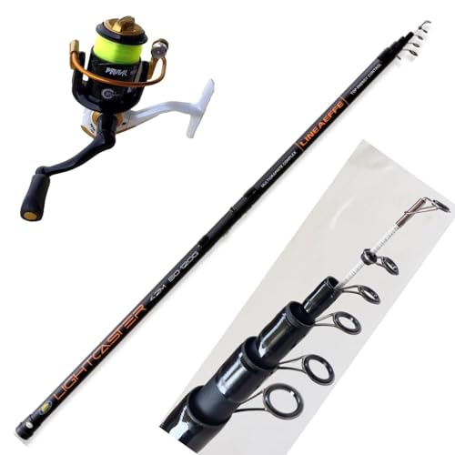 kit canna + mulinello LIGHT CASTER 4,20 canna telescopica polivalente in power fibre. grazie alla sua robustezza la light caster ci consente di affrontare molteplici situazioni di pesca in mare sia dariva surfcasting che dalla scogliera lanciando piombi o bombarde fino a a 100 grammi di peso.