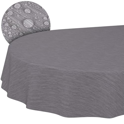 Tischdecke abwaschbar Wachstuch Wachstuchtischdecke Gartentischdecke Leinen-Optik Pflegeleicht Wasserabweisend 180 x 140cm (Oval) Grau Schnittkante