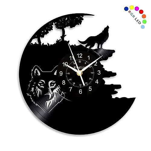KingLive Black Record Clock Wild Wolf Decor Art,Vinyl Record Designed Modern Wall Clock,DIY LED Clock with 7 Colors Night Lamp Clock