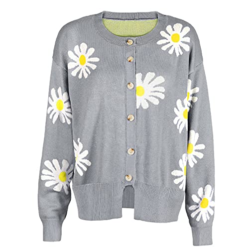 Fall Cardigan Sweaters For Women 2022,Open Front Button Down Cardigans Lantern Sleeve Daisy Graphic Sweater Outwear Gray #TOP5