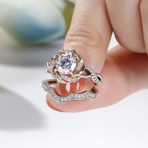 Image of Jeulia Halo Solitaire Engagement Rings for Women Sterling Silver Floral Flower Rings Rose Gold Plated Diamond Ring Round Cut Bridal Ring Set Anniversary Promise Rings for Her
