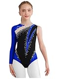 JEATHA Maillot De Gimnasia Ritmica Niña Leotardo Manga Larga Con Malla Transparente Mono Patinaje Artístico Disfraz De Bailarina Fiesta Azul real 11-12 años