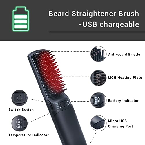 Ihhair Premium Beard Mini Straightener Brush, Professional Straightener Brush For Men, Rechargeable 5200 Mah Straightening Tool Heated Comb, For Short & Long Beards For Home And Travel #TOP1
