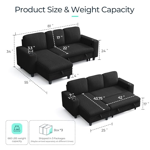 Image of LINSY HOME Sectional Sleeper Sofa with Pull Out Couch Bed - Convertible Plush Corduroy Cloud Couch with Storage Chaise & USB Charging, Comfy L Shaped Modular Couches for Living Room Apartment, Black