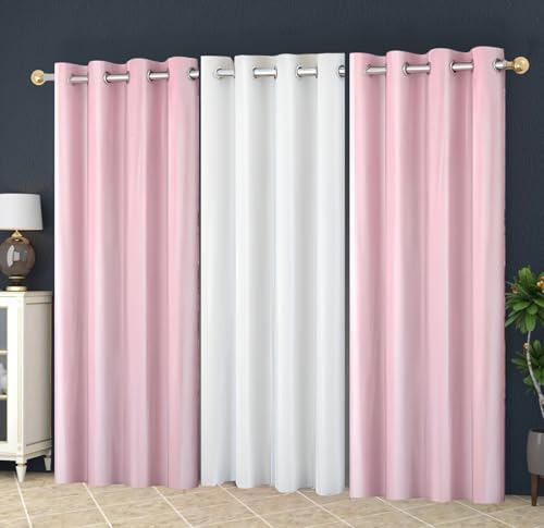 Image of Eyelet Polyester Modern Solid Crush Set of 3 Pcs. Door Curtains (8 Feet, 2 Baby Pink + 1 White)