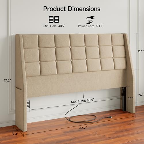 Image of Queen Size Headboard with Charging Station, Wingback Ergonomic Headboards | Wingback Upholstered Bed Head Board with Storage Pocket, Sturdy Stable Solid Wood Headboard, Bed Frame Adapters, Beige