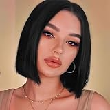 SUKRI Black Bob Wigs for Women Short Straight Bob Wigs with Bangs Middle Part Synthetic Cosplay Costume Party Wigs