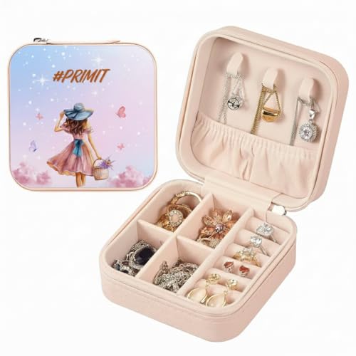 Image of PRIMIT Personalized Jewelry Box with Name & Birth Flower - Custom Travel Jewelry Organizer Case - Bridesmaid, Birthday, Christmas Gift for Women & Girls (Pink Girl)