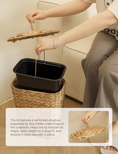 Image of Tidita 3 GALLONS Wicker Waste Basket - Wicker Trash Can with Lid - Water Hyacinth Bathroom Garbage Can with a Lid - Bathroom Trash Can Boho Style - Removable Liner, Iron Frame (Natural, 3 Gallons)