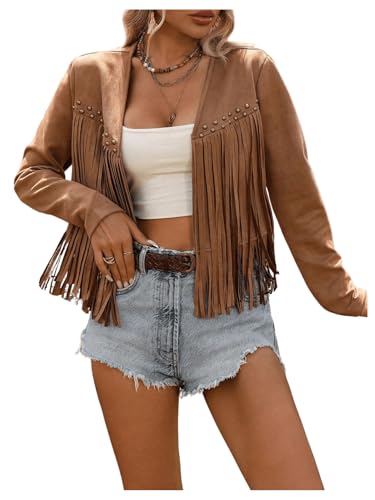 SOLY HUX Women's Faux Suede Fringe Trim Long Sleeve Open Front Cardigan Jacket Western Concert Outfits