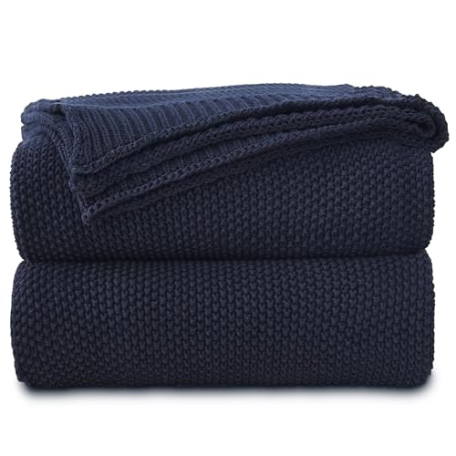 Longhui bedding Dark Navy Blue Cotton Cable Knit Throw Blanket for Couch Sofa Bed, Lightweight Home Decorative Throws, Bonus Laundering Bag, 60 x 80 Machine Washable