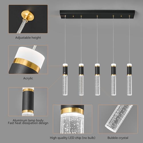 BNHHLZ Pendant Lights Kitchen Island, Dimmable LED Pendant Light Fixtures, Black Gold Pendant Light Modern with Bubble Crystal Pendant Light, Pendant Lighting for Kitchen Island Dining Room 5-Light by BNHHLZ - Used condition - Image 5