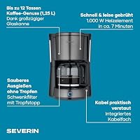 Severin Kaffeemaschine, Kaffeeautomat mit Glaskanne, Durchbrühdeckel und Tropfstopp, Schwenkfilter, Abschaltautomatik, integriertes Kabelfach 1,25 L Füllmenge, 1000 Watt, dark inox, KA 9340 – Ansicht 2