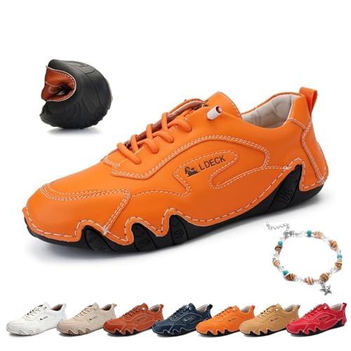 Women's Italian Handmade Leather Sneakers, Outdoor Soft Soled Non Slip Waterproof Casual Lightweight Breathable Walking Beck Shoes for Hiking Trailing Camping & Driving (Color : Orange, Size : US 7