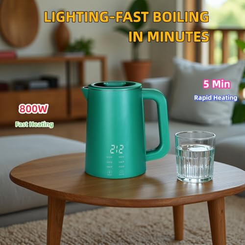 Image of 650ml Small Electric Kettle with 6 Temperature Control,800W Dual Voltage 110-240V Fast Heat Hot Water Boiler,304 Stainless Steel Portable Travel Electric Kettle,12H Keep Warm (Green) | 6 Temperature Control,800W Dual Voltage 110-240V,304 Stainless Steel,12H Keep Warm
