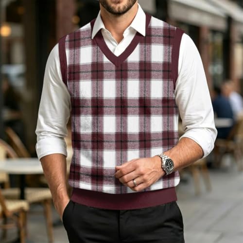 Christmas Sweater Vest Men V Neck Plaid Knit Lightweight Pullover Sweater - image 2