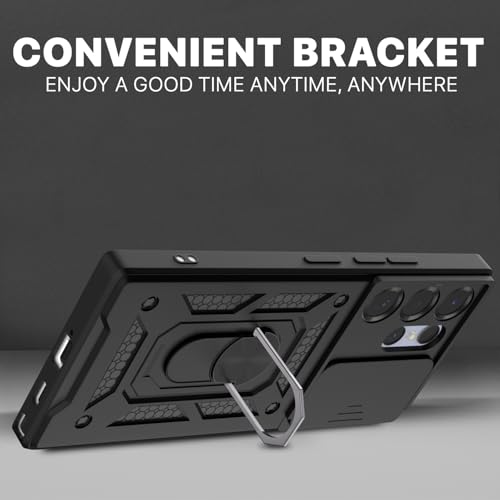 Image of Pikkme Back Cover for Samsung Galaxy S25 Ultra 5G | 360 Protection Case | Sliding Camera Shield Cover & Ring Holder Stand D10 Tough Armor Bumper Case (Black)