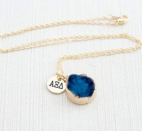 Sorority Shop AXD Necklace - Alpha Xi Delta Blue Druzy Gemstone Necklace With Engraved Pendant – 14k Gold Dipped Jewelry with Blue Gemstone – Sorority Gift, Charm Paraphernalia - Image 4