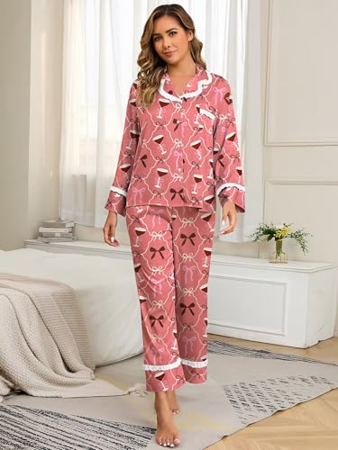 Image of Jusfitsu Women's Silk Satin Pajamas Long Sleeve Ruffle Button Down Pjs Sets