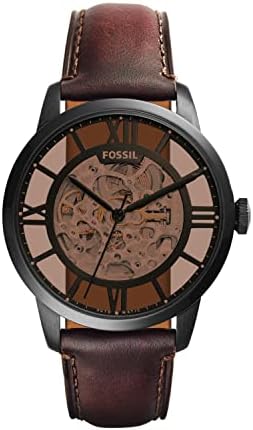 Fossil Men's Townsman Automatic Stainless Steel and Leather Three-Hand Skeleton Watch, Color: Black, Cognac (Model: ME3098)