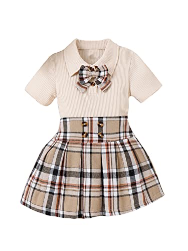 WDIRARA Toddler Girl's 2 Piece Outfit Bow Front Short Sleeve Tee and Plaid Pleated Aline Skirt Set Multicolor 7Y