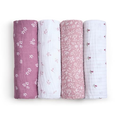 aden + anais 100% Organic Cotton Muslin Swaddle, Breathable Baby Blanket, Ideal for Boys, Girls, Newborns, Babies & Infants, Receiving Blanket, Lightweight Wrap, 4 Pack, Heritage Floral