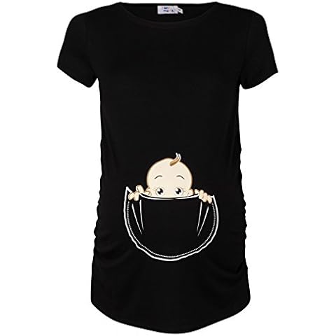 Happy Mama. Women's Maternity Baby in Pocket Print T-Shirt Top Tee Shirt. 501p (Black, UK 12/14, L) Cover