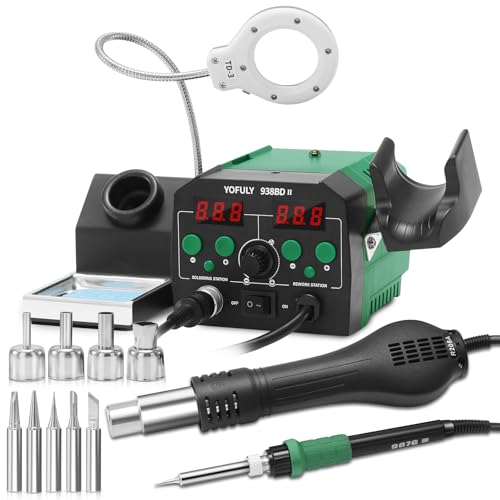 TwoWin 775W Fer à Souder Station 2 EN 1, Station de Soudage à Air Chaud pour Soudure et Dessoudage SMD avec 5X Loupes, Pistolet à Chaleur de Soudage avec Double LCD 392-896°F Ajustable (EU Plug)