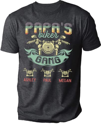 NAZENTI Personalized Papa's Biker Gang T-Shirt - Custom Papa Shirts for Men, Daddy Shirt, Dad Black Shirt, Grandpa Ride Motocycle Shirt with Kids Names, Gifts for Fathers Day, Birthday S-4XL