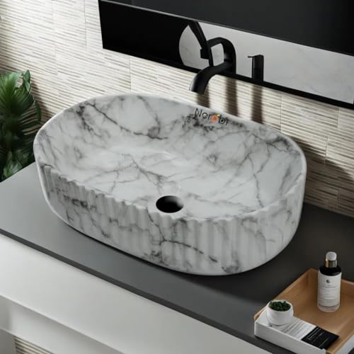 61% OFF on NEROBI Ceramic Countertop Wash Basin | Table Top Bathroom Basin Sink | Vessel Sink Wash Basin Over Counter for Bathroom, Hotel, Living Room (20 x 14 x 5.5 Inch)