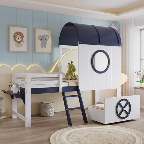 Litera, cama de media altura, cuna con techo y ventana, cajón inferior con ruedas, práctico deslizador inclinado de dos niveles, pino + MDF + madera contrachapada, blanco+azul oscuro, 90 x 200 cm