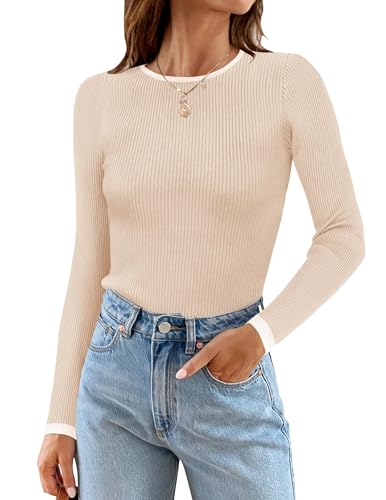 ZESICA Women's Long Sleeve Crewneck Shirts 2025 Fall Ribbed Knit Sweater Slim Fitted Casual Basic Tee Tops