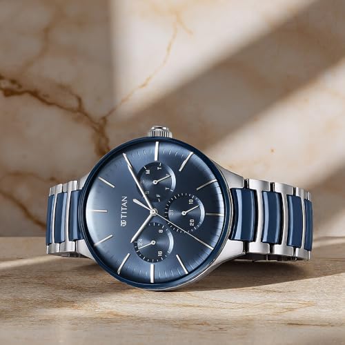 Image of Titan Ceramic Fusion Quartz Multifunction Midnight Blue Dial Two Toned Silver and Metallic Blue Stainless Steel Bracelet Watch for Men - NT90148KD02