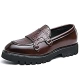 Men's Double Monk Strap Lug Sole Slip On Loafers Fashion Classic Platform Chunky Business Dress Leather Shoes for Formal/Party/Work (Brown,12)