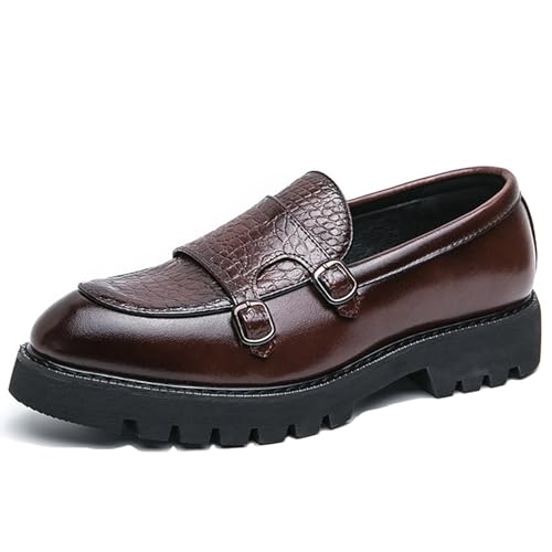 Men's Double Monk Strap Lug Sole Slip On Loafers Fashion Classic Platform Chunky Business Dress Leather Shoes for Formal/Party/Work (Brown,12)