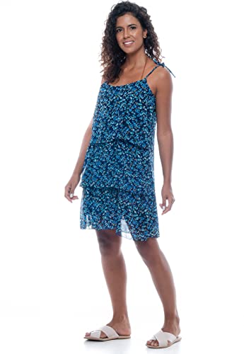 Vestido Forrado Babados Alças Crepe Estampado Floral Fundo Marinho Tam G