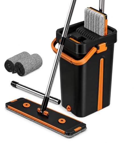 Image of Mop Heavy Quality Floor with Bucket, Flexible Kitchen tap Flat Squeeze Cleaning Supplies 360 Flexible Head /2 Reusable Pads Clean Home Effective for Floor Cleaning V300