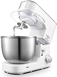 Elektrischer Standmixer zum Backen Leistungsstarke und stilvolle Küchenmaschine in Weiß mit K-Beater, Teighaken, Schneebesen und 4-Liter-Schüssel, Planetenmischsystem, perfekt zum Backen von Küchen z