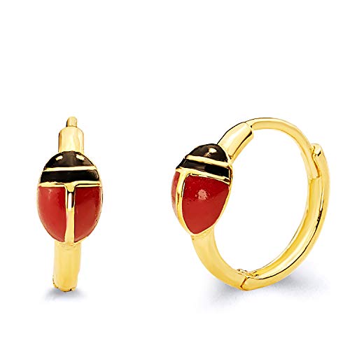 14K Real Yellow Gold Ladybug Huggie Earrings (10 X 10 Mm) #TOP16